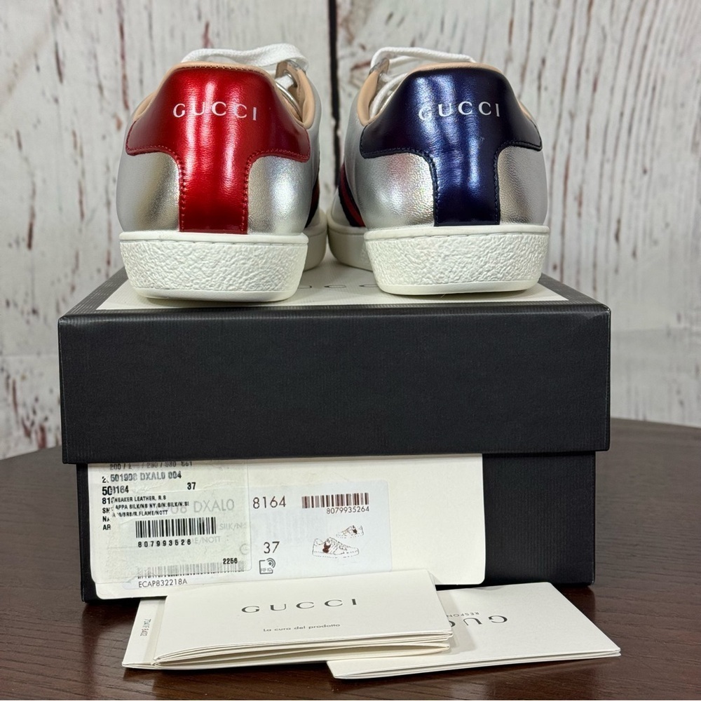 GUCCI ACE Year of the Dog Metallic Silver Women’s Napa Leather Sneakers 7 NiB - Picture 8 of 17